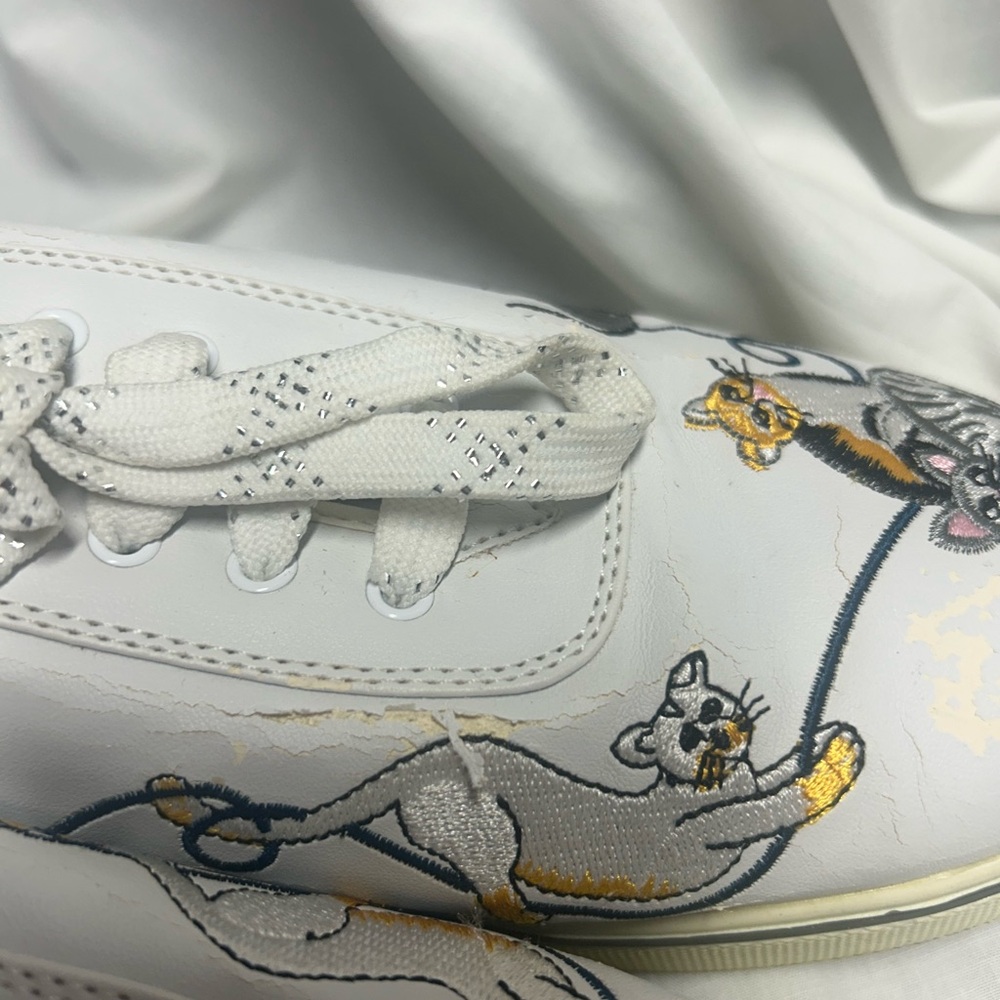 Vtg 90s Embroidered Cat Sneakers 8.5  White Vinyl Sabastino Country Garden Women - Picture 10 of 11